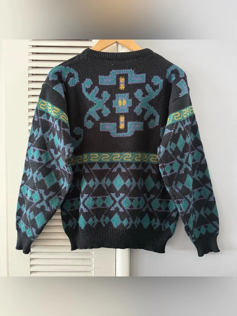 Vintage 80’s 90’s & Company Geometric Aztec Teal Black Knit Sweater Sz Small